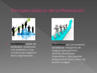 

Factibilidad: debe ser
realizable, adaptarse
a la realidad y a las
condiciones objetivas
de la organización.

Flexibilidad: es conveniente
establecer márgenes de
holgura que permitan
afrontar situaciones
imprevistas y que puedan
proporcionar otros cursos de
acción a seguir

 