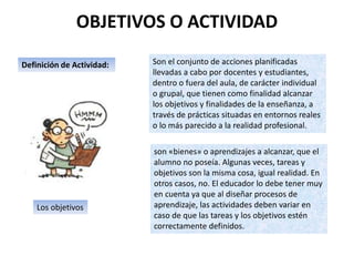 OBJETIVOS O ACTIVIDAD
Definición de Actividad: Son el conjunto de acciones planificadas
llevadas a cabo por docentes y estudiantes,
dentro o fuera del aula, de carácter individual
o grupal, que tienen como finalidad alcanzar
los objetivos y finalidades de la enseñanza, a
través de prácticas situadas en entornos reales
o lo más parecido a la realidad profesional.
son «bienes» o aprendizajes a alcanzar, que el
alumno no poseía. Algunas veces, tareas y
objetivos son la misma cosa, igual realidad. En
otros casos, no. El educador lo debe tener muy
en cuenta ya que al diseñar procesos de
aprendizaje, las actividades deben variar en
caso de que las tareas y los objetivos estén
correctamente definidos.
Los objetivos
 