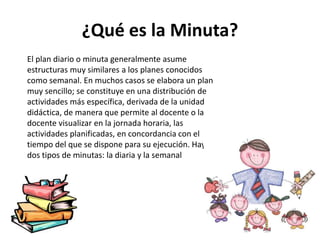 ¿Qué es la Minuta?
El plan diario o minuta generalmente asume
estructuras muy similares a los planes conocidos
como semanal. En muchos casos se elabora un plan
muy sencillo; se constituye en una distribución de
actividades más específica, derivada de la unidad
didáctica, de manera que permite al docente o la
docente visualizar en la jornada horaria, las
actividades planificadas, en concordancia con el
tiempo del que se dispone para su ejecución. Hay
dos tipos de minutas: la diaria y la semanal
 
