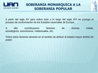 SOBERANIA MONARQUICA A LA
                      SOBERANIA POPULAR


A partir del siglo XV pero sobre todo a lo largo del siglo XVI se produjo el
proceso de conformación de los Estados nacionales de Europa.

A       ello     contribuyeron       factores      de      diversa       índole:
sociológicos, económicos, intelectuales, etc.

Todos estos factores obrando en el sentido de atribuir al estado mayor ámbito de
poder-
 