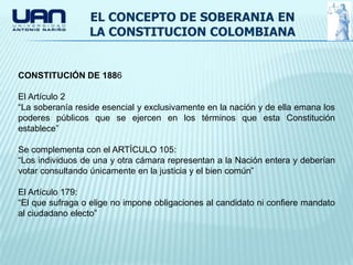 EL CONCEPTO DE SOBERANIA EN
                 LA CONSTITUCION COLOMBIANA


CONSTITUCIÓN DE 1886

El Artículo 2
“La soberanía reside esencial y exclusivamente en la nación y de ella emana los
poderes públicos que se ejercen en los términos que esta Constitución
establece”

Se complementa con el ARTÍCULO 105:
“Los individuos de una y otra cámara representan a la Nación entera y deberían
votar consultando únicamente en la justicia y el bien común”

El Artículo 179:
“El que sufraga o elige no impone obligaciones al candidato ni confiere mandato
al ciudadano electo”
 