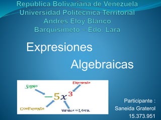 Expresiones
Algebraicas
Participante :
Saneida Graterol
15.373.951
 