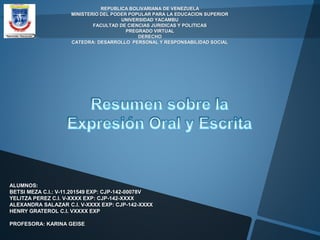 REPUBLICA BOLIVARIANA DE VENEZUELA 
MINISTERIO DEL PODER POPULAR PARA LA EDUCACION SUPERIOR 
UNIVERSIDAD YACAMBU 
FACULTAD DE CIENCIAS JURIDICAS Y POLITICAS 
PREGRADO VIRTUAL 
DERECHO 
CATEDRA: DESARROLLO PERSONAL Y RESPONSABILIDAD SOCIAL 
ALUMNOS: 
BETSI MEZA C.I.: V-11.201549 EXP: CJP-142-00078V 
YELITZA PEREZ C.I. V-XXXX EXP: CJP-142-XXXX 
ALEXANDRA SALAZAR C.I. V-XXXX EXP: CJP-142-XXXX 
HENRY GRATEROL C.I. VXXXX EXP 
PROFESORA: KARINA GEISE 
 