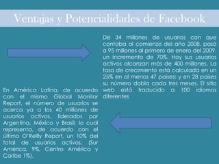 Ventajas y Potencialidades de Facebook
De 34 millones de usuarios con que
contaba al comienzo del año 2008, pasó
a 95 millones al primero de enero del 2009,
un incremento de 70%. Hoy sus usuarios
activos alcanzan más de 400 millones. La
tasa de crecimiento está calculada en un
25% en al menos 47 países; y en 28 países
su número dobla cada tres meses. El sitio
web está traducido a 100 idiomas
diferentes
En América Latina, de acuerdo
con el mismo Global Monitor
Report, el número de usuarios se
acerca ya a los 40 millones de
usuarios activos, liderados por
Argentina, México y Brasil, lo cual
representa, de acuerdo con el
último O’Reilly Report, un 10% del
total de usuarios activos. (Sur
América, 9%, Centro América y
Caribe 1%).
 