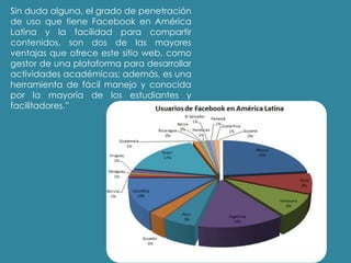 Sin duda alguna, el grado de penetración
de uso que tiene Facebook en América
Latina y la facilidad para compartir
contenidos, son dos de las mayores
ventajas que ofrece este sitio web, como
gestor de una plataforma para desarrollar
actividades académicas; además, es una
herramienta de fácil manejo y conocida
por la mayoría de los estudiantes y
facilitadores.”
 
