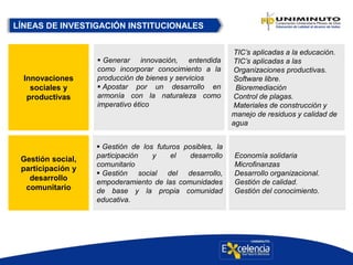 Gestión social,
participación y
desarrollo
comunitario
 Gestión de los futuros posibles, la
participación y el desarrollo
comunitario
 Gestión social del desarrollo,
empoderamiento de las comunidades
de base y la propia comunidad
educativa.
Economía solidaria
Microfinanzas
Desarrollo organizacional.
Gestión de calidad.
Gestión del conocimiento.
LÍNEAS DE INVESTIGACIÓN INSTITUCIONALES
Innovaciones
sociales y
productivas
 Generar innovación, entendida
como incorporar conocimiento a la
producción de bienes y servicios
 Apostar por un desarrollo en
armonía con la naturaleza como
imperativo ético
TIC’s aplicadas a la educación.
TIC’s aplicadas a las
Organizaciones productivas.
Software libre.
Bioremediación
Control de plagas.
Materiales de construcción y
manejo de residuos y calidad de
agua
 