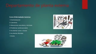 Departamento de planta externa
Como Enfermedades tenemos:
Deshidratación
Calambres
Alteraciones vasculares y nerviosas
Problemas cardiovasculares
Accidentes Leves o Graves
Accidentes Mortales
Estrés
 