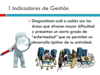  Diagnostican cuál o cuáles son las
áreas que ofrecen mayor dificultad
y presentan un cierto grado de
“enfermedad” que no permiten un
desarrollo óptimo de su actividad.
1.Indicadores de Gestión
 