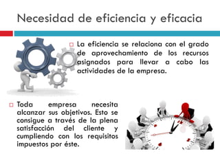 Necesidad de eficiencia y eficacia
 La eficiencia se relaciona con el grado
de aprovechamiento de los recursos
asignados para llevar a cabo las
actividades de la empresa.
 Toda empresa necesita
alcanzar sus objetivos. Esto se
consigue a través de la plena
satisfacción del cliente y
cumpliendo con los requisitos
impuestos por éste.
 