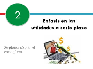 Énfasis en las
utilidades a corto plazo
2
Se piensa sólo en el
corto plazo
 