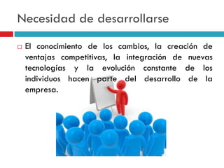 Necesidad de desarrollarse
 El conocimiento de los cambios, la creación de
ventajas competitivas, la integración de nuevas
tecnologías y la evolución constante de los
individuos hacen parte del desarrollo de la
empresa.
 