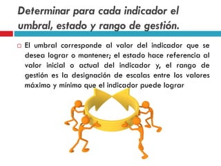 Determinar para cada indicador el
umbral, estado y rango de gestión.
 El umbral corresponde al valor del indicador que se
desea lograr o mantener; el estado hace referencia al
valor inicial o actual del indicador y, el rango de
gestión es la designación de escalas entre los valores
máximo y mínimo que el indicador puede lograr
 