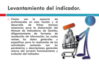 Levantamiento del indicador.
 Contar con la asesoría de
profesionales en esta función y el
desarrollo de fichas técnicas
necesarias para la elaboración del
Manual de Indicadores de Gestión,
diligenciamiento de formatos de
recolección de información, los cuales
reúnen los datos generales y
específicos para la realización de las
actividades contando con los
parámetros y descripciones generales
acerca del correcto funcionamiento y
evolución del indicador.
 