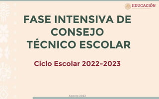 FASE INTENSIVA DE
CONSEJO
TÉCNICO ESCOLAR
Ciclo Escolar 2022-2023
Agosto 2022
 