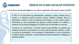 ÍNDICE DE CLIMA ESCOLAR POSITIVO
1. En lectura compartida lean en voz alta la siguiente información sobre el ICEP.
 