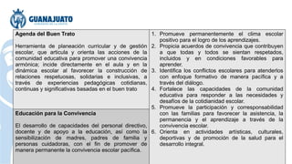 Agenda del Buen Trato
Herramienta de planeación curricular y de gestión
escolar, que articula y orienta las acciones de la
comunidad educativa para promover una convivencia
armónica; incide directamente en el aula y en la
dinámica escolar al favorecer la construcción de
relaciones respetuosas, solidarias e inclusivas, a
través de experiencias pedagógicas cotidianas,
continuas y significativas basadas en el buen trato
1. Promueve permanentemente el clima escolar
positivo para el logro de los aprendizajes.
2. Propicia acuerdos de convivencia que contribuyen
a que todas y todos se sientan respetados,
incluidos y en condiciones favorables para
aprender.
3. Identifica los conflictos escolares para atenderlos
con enfoque formativo de manera pacífica y a
través del diálogo.
4. Fortalece las capacidades de la comunidad
educativa para responder a las necesidades y
desafíos de la cotidianidad escolar.
5. Promueve la participación y corresponsabilidad
con las familias para favorecer la asistencia, la
permanencia y el aprendizaje a través de la
convivencia escolar.
6. Orienta en actividades artísticas, culturales,
deportivas y de promoción de la salud para el
desarrollo integral.
Educación para la Convivencia
El desarrollo de capacidades del personal directivo,
docente y de apoyo a la educación, así como la
sensibilización de madres, padres de familia y
personas cuidadoras, con el fin de promover de
manera permanente la convivencia escolar pacífica.
 