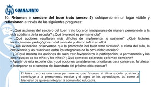 10. Retomen el sendero del buen trato (anexo 5), colóquenlo en un lugar visible y
reflexionen a través de las siguientes preguntas:
▪ ¿Qué acciones del sendero del buen trato lograron incorporarse de manera permanente a la
vida cotidiana de la escuela? ¿Qué favoreció su permanencia?
▪ ¿Qué acciones resultaron más difíciles de implementar o sostener? ¿Qué factores
institucionales, pedagógicos o del contexto pudieron influir en ello?
▪ ¿Qué evidencias observamos que la promoción del buen trato fortaleció el clima del aula, la
convivencia y las relaciones entre los integrantes de la comunidad escolar?
▪ ¿De qué manera las acciones de buen trato favorecieron la participación, la permanencia y los
aprendizajes de las niñas y los niños? ¿Qué ejemplos concretos podemos compartir?
▪ A partir de esta experiencia, ¿qué acciones consideramos prioritarias para conservar, fortalecer
o incorporar en el sendero del buen trato del próximo ciclo escolar?
El buen trato es una tarea permanente que favorece el clima escolar positivo y
contribuye a la permanencia escolar y el logro de los aprendizajes, así como al
bienestar de quienes integran la comunidad educativa.
 