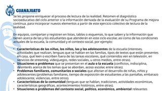 Se les propone enriquecer el proceso de lectura de la realidad. Retomen el diagnóstico
socioeducativo del ciclo anterior o la información derivada de la evaluación de su Programa de mejora
continua, para incorporar nuevos elementos a partir de este ejercicio colectivo de lectura de la
realidad.
En equipos, compartan y registren en listas, tablas o esquemas, lo que saben y la información que
tienen acerca de las y los estudiantes que atenderán en este ciclo escolar, así como de las condiciones
actuales de la escuela, la comunidad y el contexto social, por ejemplo:
• Características de las niñas, los niños, las y los adolescentes de la escuela (intereses,
actividades que realizan, lenguas que se hablan en las familias, tipos de textos que están presentes
en casa, qué leen o escriben fuera de las tareas escolares, qué contenidos ven en televisión, en
servicios de streaming, videojuegos, redes sociales, u otros medios, entre otras).
• Situaciones o problemas que se presentan en el aula o la escuela (conflictos, indisciplina,
desinterés acerca de los temas que se abordan, acoso escolar, entre otras).
• Problemas familiares, comunitarios o sociales que afectan el desarrollo de niñas, niños y
adolescentes (problemas familiares, tiempo de exposición de estudiantes a las pantallas, embarazo
adolescente, violencias, entre otros).
• Características de la comunidad (lenguas que se hablan, tradiciones, actividades económicas,
características geográficas, acontecimientos históricos, entre otras).
• Situaciones o problemas del contexto social, político, económico, ambiental relevantes
 
