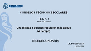 CONSEJOS TÉCNICOS ESCOLARES
TEMA 1
FASE INTENSIVA
Una mirada a quienes requieren más apoyo
(A tiempo)
TELESECUNDARIA
CICLO ESCOLAR
2026-2027
 