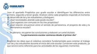 Lean el apartado Propósitos por grado escolar e identifiquen las diferencias entre
primero, segundo y tercer grado. Analicen cómo cada propósito responde al momento
de desarrollo de las y los estudiantes y dialoguen:
 ¿Qué necesidades atiende cada grado escolar?
 ¿Qué aspectos son comunes en los tres propósitos?
 ¿Qué relación encuentran entre el sentido de pertenencia, el proyecto de vida y la
permanencia escolar?
1. En plenaria, recuperen las conclusiones y elaboren un cartel titulado:
"La permanencia escolar comienza desde el primer día"
Registren las ideas que el colectivo considere fundamentales para orientar el trabajo
con las y los estudiantes durante el inicio del ciclo escolar. Conserven este producto, ya
que servirá como referente para las actividades de los siguientes momentos
 