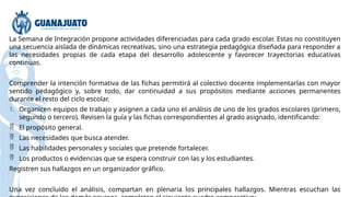 La Semana de Integración propone actividades diferenciadas para cada grado escolar. Estas no constituyen
una secuencia aislada de dinámicas recreativas, sino una estrategia pedagógica diseñada para responder a
las necesidades propias de cada etapa del desarrollo adolescente y favorecer trayectorias educativas
continuas.
Comprender la intención formativa de las fichas permitirá al colectivo docente implementarlas con mayor
sentido pedagógico y, sobre todo, dar continuidad a sus propósitos mediante acciones permanentes
durante el resto del ciclo escolar.
1. Organicen equipos de trabajo y asignen a cada uno el análisis de uno de los grados escolares (primero,
segundo o tercero). Revisen la guía y las fichas correspondientes al grado asignado, identificando:
 El propósito general.
 Las necesidades que busca atender.
 Las habilidades personales y sociales que pretende fortalecer.
 Los productos o evidencias que se espera construir con las y los estudiantes.
Registren sus hallazgos en un organizador gráfico.
Una vez concluido el análisis, compartan en plenaria los principales hallazgos. Mientras escuchan las
 