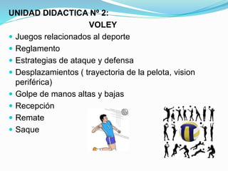 UNIDAD DIDACTICA Nº 2:
VOLEY
 Juegos relacionados al deporte
 Reglamento
 Estrategias de ataque y defensa
 Desplazamientos ( trayectoria de la pelota, vision
periférica)
 Golpe de manos altas y bajas
 Recepción
 Remate
 Saque
 