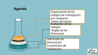 Agenda
Organización de los
trabajos de investigación
por categorías
Notas de Interés
Evaluación de los
trabajos
Reglas de los
Premiación
Solicitudes de
Información
Cuestionario de
Satisfacción
 