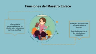 Funciones del Maestro Enlace
Informará a la
comunidad escolar en
relación a las actividades
de Feria cientifica.
Entregará la Certificación
de Feria Cientifica
Escolar.
Guardará evidencia de
las orientaciones
realizadas.
 