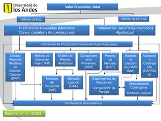 Valor Económico Total
Valores de No Uso

Valores de Uso

Preferencias Reveladas (Mercados
Convencionales y Aproximaciones)

Preferencias Declaradas (Mercados
Hipotéticos)

Funciones de Producción/ Funciones Dosis Respuesta

Utilidad
Aleatoria
/Modelos
de
Elección
Discreta
(DAP)

Método de
Costos de
Viaje (DAP)

Modelo de
Precios
Hedónicos

Mercado
de
Propiedad
(DAP)

Mercado
Laboral
(DAA)

Comportami
ento
Preventivo
(DAP)

Experimentos de
Elecciones
Comparación de
Parejas

Transferencia de Beneficios

Bateman et. al. (2002)

Precios
de
Mercado
(DAP)

Modelos
de
Eleccion
es (DAP/
DAA)

Valoració
n
Continge
nte
(DAP/DA
A)

Ordenamiento
Contingente
Modelos Conjoint

 