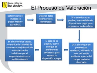 El Proceso de Valoración
Determinar si el
impacto se
puede medir y
cuantificar.

En el caso de los costos,
cuantificar la cantidad de
compensación (disposición
a aceptar) de los
individuos por el
empeoramiento en el
medio ambiente

Obtener datos
sobre precios
demercado

Si esto no es
posible, usar el
enfoque de
preferencias
declaradas para
estimar la
disposición a pagar

Si lo anterior no es
posible, usar medidas de
disposición a pagar para
representar los beneficios

Usar el enfoque de
preferencias
reveladas, infiriendo el
valor del medio
ambiente a partir del
comportamiento
observado

 