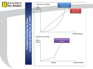 Función de Daño
Exponencial

Efectos sin Umbral

Posibles Funciones de Daño.
Adaptado de Hanley et. al. (1997).

Daño
Físico

Función de
Daño Lineal

Contaminación
Efectos con Umbral
Daño
Físico

Función de Daño con
Umbral

Umbral

Contaminación

 
