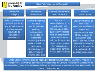 Usos Potenciales de la Valoración
Evaluación
Estratégica

Refinar las
Evaluaciones

Cuentas Ambientales
para Estimar PIB

valorar y cuantificar
pasivos y activos
ambientales que se
producen como
resultado de
actividades
económicas.

Estimar beneficios
y costos
ambientales en
políticas
ambientales
ejecutadas en
diferentes
sectores (residuos
sólidos, residuos
peligrosos,
cambio climático,
conservación y
restauración, etc.)

Contabilizar
externalidades en la
producción y el
consumo para saber
cuál es el verdadero
nivel de crecimiento
económico de un
país, verificando que
no se comprometan
hoy los recursos
disponibles para las
futuras generaciones

Análisis
Multicriterio
Las herramientas de
valoración
económica ambiental
se pueden
complementar con
otros enfoques de
evaluación para
contar con resultados
más robustos en los
procesos de elección
y evaluación de
políticas ambientales.

Otros Usos: Estimar Valores de Pagos por Servicios Ambientales, Estimar el Precio de
Ecoproductos, Estimar los beneficios de Inversiones en Cambio Tecnológico, Valoración de
Biodiversidad, Valoración de Externalidades en Ambientes Naturales Urbano, Priorización de
Proyectos Ambientales.

 