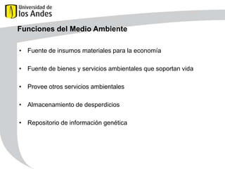 Funciones del Medio Ambiente
• Fuente de insumos materiales para la economía
• Fuente de bienes y servicios ambientales que soportan vida
• Provee otros servicios ambientales
• Almacenamiento de desperdicios
• Repositorio de información genética

 