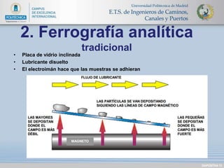 DIAPOSITIVA 13 
2. Ferrografía analítica 
tradicional 
• Placa de vidrio inclinada 
• Lubricante disuelto 
• El electroimán hace que las muestras se adhieran 
 