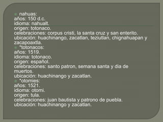  nahuas: 
años: 150 d.c. 
idioma: nahualt. 
origen: totonaco. 
celebraciones: corpus cristi, la santa cruz y san enterito. 
ubicación: huachinango, zacatlan, teziutlan, chignahuapan y 
zacapoaxtla. 
 *totonacos: 
años: 1519. 
idioma: totonaco. 
origen: español. 
celebraciones: santo patron, semana santa y dia de 
muertos. 
ubicación: huachinango y zacatlan. 
 *otomies: 
años: 1521. 
idioma: otomi. 
origen: tula. 
celebraciones: juan bautista y patrono de puebla. 
ubicación: huachinango y zacatlan. 
 