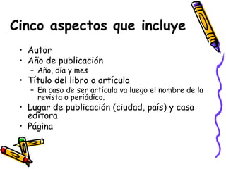 Cinco aspectos que incluye Autor Año de publicación Año, día y mes Título del libro o artículo En caso de ser artículo va luego el nombre de la revista o periódico.  Lugar de publicación (ciudad, país) y casa editora Página 