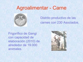 Agroalimentar - Carne
                        Distrito productivo de las
                        carnes con 230 Asociados.


Frigorífico de Gangi
con capacidad de
elaboración (2010) de
alrededor de 19.000
animales.
 