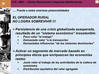 O.R.I. MED – Ofertas Relacionales Integradas Mediterráneas
>
    …. Frente a estas enormes potencialidades

    EL OPERADOR RURAL
    NO LOGRA SOBREVIVIR !!!

    Persistencia de una crisis globalizada exasperada,
     resultado de un “sistema económico“ insostenible:
            Poco valor "al trabajo"
            Demasiado valor "a la transacción
            Demasiadas influencias "de los sistemas dominantes"

    Activar un segmento de mercado basado en
     principios éticos que enriquezcan las economías
     reales:
            Justo valor al trabajo de las actividades de la cadena de
             suministro
            Distribución equitativa del valor agregado
 