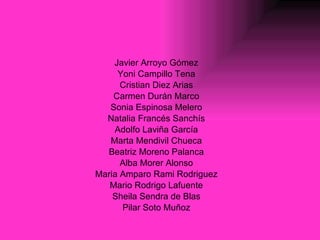 Javier Arroyo Gómez Yoni Campillo Tena Cristian Diez Arias Carmen Durán Marco Sonia Espinosa Melero Natalia Francés Sanchís Adolfo Laviña García Marta Mendivil Chueca Beatriz Moreno Palanca Alba Morer Alonso Maria Amparo Rami Rodriguez Mario Rodrigo Lafuente Sheila Sendra de Blas Pilar Soto Muñoz 