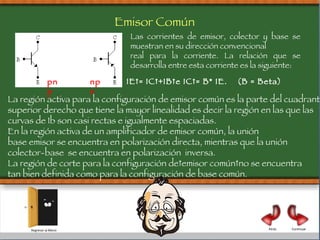 La región activa para la configuración de emisor común es la parte del cuadrante  superior derecho que tiene la mayor linealidad es decir la región en las que las curvas de Ib son casi rectas e igualmente espaciadas.  En la región activa de un amplificador de emisor común, la unión  base emisor se encuentra en polarización directa, mientras que la unión  colector-base  se encuentra en polarización  inversa.  La región de corte para la configuración de emisor común no se encuentra  tan bien definida como para la configuración de base común. Las corrientes de emisor, colector y base se muestran en su dirección convencional  real para la corriente. La relación que se desarrolla entre esta corriente es la siguiente: IE = IC +IB e IC = B* IE.  (B = Beta) Emisor Común pnp  npn  Continuar Atrás Regresar al Menú 