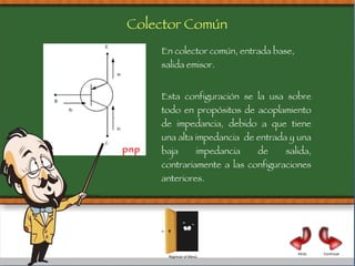 En colector común, entrada base, salida emisor. Esta configuración se la usa sobre todo en propósitos de acoplamiento de impedancia, debido a que tiene una alta impedancia  de entrada y una baja impedancia de salida, contrariamente a las configuraciones anteriores. pnp Colector Común Continuar Atrás Regresar al Menú 