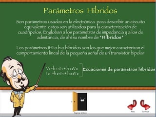 Parámetros  Híbridos Son parámetros usados en la electrónica  para describir un circuito equivalente  estos son  utilizados para la caracterización de cuadripolos. Engloban a los parámetros de impedancia y a los de admitancia, de ahí su nombre de  “Híbridos” Los parámetros {H} o h o híbridos son los que mejor caracterizan el comportamiento lineal de la pequeña señal de un transistor bipolar Continuar Atrás V₁  =h  ₁ ₁I ₁ + h ₁ ₂V ₂ I  ₂  =h ₂ ₁I ₁ + h ₂ ₂V ₂ Ecuaciones de parámetros híbridos Regresar al Menú 