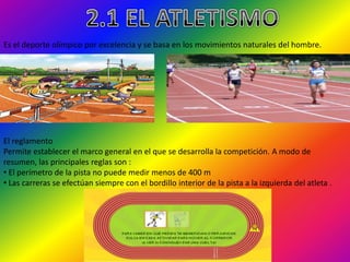 2- DEPORTES INDIVIDUALES En los deportes individuales, los deportistas realizan la acción motriz actuando en solitario y buscan como objetivo superar un obstáculo, adquirir una técnica o bien mejorar un tiempo concreto ( el record) . En ellos , la iniciativa, el perfeccionamiento y la superación son aspectos muy  presentes . Algunos ejemplos  serian :  El atletismo 