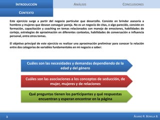 IntroducciónAnálisisConclusionesContextoEste ejercicio surge a partir del negocio particular que desarrollo. Consiste en brindar asesoría a hombres y mujeres que desean conseguir pareja. No es un negocio de citas, o algo parecido, consiste en formación, capacitación y coaching en temas relacionados con manejo de emociones, habilidades de cortejo, estrategias de aproximación en diferentes contextos, habilidades de conversación e influencia personal, entre otros temas. El objetivo principal de este ejercicio es realizar una aproximación preliminar para conocer la relación entre dos categorías de variables fundamentales en mi negocio a saber:Cuáles son las necesidades y demandas dependiendo de la edad y del géneroCuáles son las asociaciones a los conceptos de seducción, de mujer, mujeres y de relacionesQué preguntas tienen los participantes y qué respuestas encuentran y esperan encontrar en la página