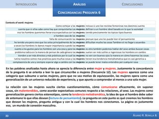IntroducciónAnálisisConclusiones50 palabras + Importantes Pregunta 3La seducción es algo que involucra la vida misma, el ser,  se orienta hacia la mujer o mujeres. Se consolida en tener ciertas habilidades como seguridad, carácter, control. Requiere de parte de la persona que desarrolle ciertos hábitos cierta prácticaconstate, disciplina, estudio,  para lograrseguridad, control, mejoramiento, poder, éxito. La seducción es tanto un conocimiento como un hábito y características de personalidad. ¿Cuáles serían para usted los hábitos y prácticas que caracterizan a un seductor?TOTAL NUMBER OF ANSWERS:      40TOTAL NUMBER OF WORDS:    1833NUMBER OF DISTINCT WORDS:     742PERCENTAGE OF DISTINCT WORDS:    40.5