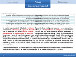 IntroducciónAnálisisConclusiones50 palabras + Importantes Pregunta 4La palabra más mencionada es el miedo.  Las mujeres generan también cierta ansiedad, en la medida en que los lectores encuentran rechazo, son tímidos, inseguros. Y para ellos las relaciones de pareja es algo que se ha vuelto difícil de conseguir. Etiquetan sus dificultades como problema(s). Aparece algo importante y es la concepción de que lo que se logra con la seducción es conseguir algo (relación(es), mujer(es), pareja(s), y es algo que si no se tienen las herramientas cuesta obtener (dinero y esfuerzo).¿Cuáles son las principales dificultades que ha tenido a la hora de establecer relaciones de pareja y/o encontrar pareja?TOTAL NUMBER OF ANSWERS:      40TOTAL NUMBER OF WORDS:    2282NUMBER OF DISTINCT WORDS:     853PERCENTAGE OF DISTINCT WORDS:    37.4
