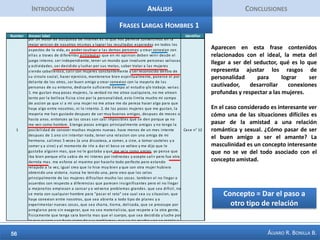 IntroducciónAnálisisConclusionesAnálisis Correspondencia 50 Palabras + ImportantesEn este sentido es clara la tendencia de lectores del blog: hombres entre 25 y 34 años que no tienen las habilidades sociales ni comunicativas y que prefieren consumir información, y acumular cuanto libro, audio y video encuentran sin pasar a la práctica, porque sus problemas coyunturales (miedos, ansiedad, ansiedad por el rechazo) no han sido trabajados, y justamente estos problemas no permiten que practiquen o que se enfrenten a situaciones donde pueden trabajar sus temores y encontrar oportunidades de demostrar eficacia. Por otra parte, los más jóvenes solicitan entrenamientos donde se les lleve constantemente a la práctica, en ese sentido son más pragmáticos y consumen la información a la manera de tips, o claves, o rutinas enlatadas, que no exigen tanta teorización ni conocimiento profundo pero que da la sensación de resultados rápidos, inmediatos. Para ellos la seducción se da a la forma de recetas o fórmulas mágicas y se alimentan más de la emoción que de la acumulación del conocimiento. Lo que les sirve es lo que buscan.La zona superior muestra claramente el marco temporal, lo inmediato, en el sentido de búsqueda de acercamientos, de interacciones inmediatas, de tal manera que su consumo se orienta hacia lo que funciona. Son más facilitas. De otra parte la zona "proyectada" trabaja en elementos más psicológicos, más profundos, sus problemas se definen más en la búsqueda de fortalecer la personalidad, de encontrar rasgos y cualidades deseables y mostrarlos, tienen una mayor conciencia del esfuerzo que requiere trabajar en uno mismo y saben que la seducción es más un pretexto para el crecimiento personal. 