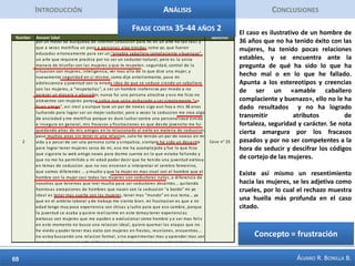 IntroducciónAnálisisConclusiones25  palabras + Importantes Por EdadLos lectores más jóvenes, 18 a 24 años, destacan sus intereses por conseguir pareja, por entender el concepto de atractivo, por conocer dentro de cuál arquetipo posicionarse (dentro de la teoría de la seducción de Robert Greene, 2004), y la seducción también para ello es algo estético, algo orientado desde fuera. El interés social es algo que aparece claro, así como cualidades como la seguridad.Los lectores de un rango de edad intermedio, destacan palabras como ser, en términos de esencia y de llegar a ser, sobresale la falta de, es decir, la carencia como motivación. Unas palabra muy interesantes que no aparecen en el segmento de los más jóvenes es la de futuro,  la de éxitoy satisfacción.Los lectores mayores hablan más en plural de mujeres, mujeres para, con las mujeres, un par de novias, de hecho no aparece el singular mujer. La palabra proyecto aparece por primera vez, así como la palabra juventud.  Aparecen representaciones del seductor, como el caballero, y la asunción del crecimiento personal en la vida propia (en mi vida, mi vida)