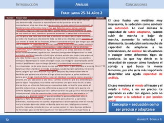 IntroducciónAnálisisConclusionesFrase Corta 25-34 años 1Esta frase es ilustrativa del interés del participante por comprender la dinámica del cortejo, su principal debilidad se encuentra en no poder reconocer las señales de interés que envían las mujeres, lo cual conduce a la pérdida de oportunidades. Las señales son malinterpretadas o ignoradas o no reconocidas a tiempo, para este participante los contenidos relacionados con éste tema, como lenguaje corporal, resultan fundamentales. También se evidencia la necesidad de trabajar en la seguridad personal para dejar miedos y prevenciones fruto de experiencias negativas pasadas. Concepto = el lenguaje de la seducción