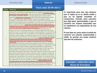 IntroducciónAnálisisConclusionesFrase corta 25-34 años 2Este caso resulta ilustrativo de la seducción como trabajo interno en desarrollo de cualidades que se reconocen deseables para el éxito y para despertar el interés en el sexo opuesto. Se reconoce que es algo que no simplemente externo, y que por lo tanto cambiar ciertas cosas requiere hábitos nuevos. Se caracterizan las cualidades deseables, como mejora continua, libertad de tabues, miedos, relajación (contrario a la tensión que les genera el cortejo). El caso muestra algunos modelos de rol (Marlon Brando, Juan de Marco desde la ficción), y se propone aprovechar mejor lo virtual para conectarse y enseñar en vivo (webinarios, sesiones por internet, etc).Concepto = cualidades deseables